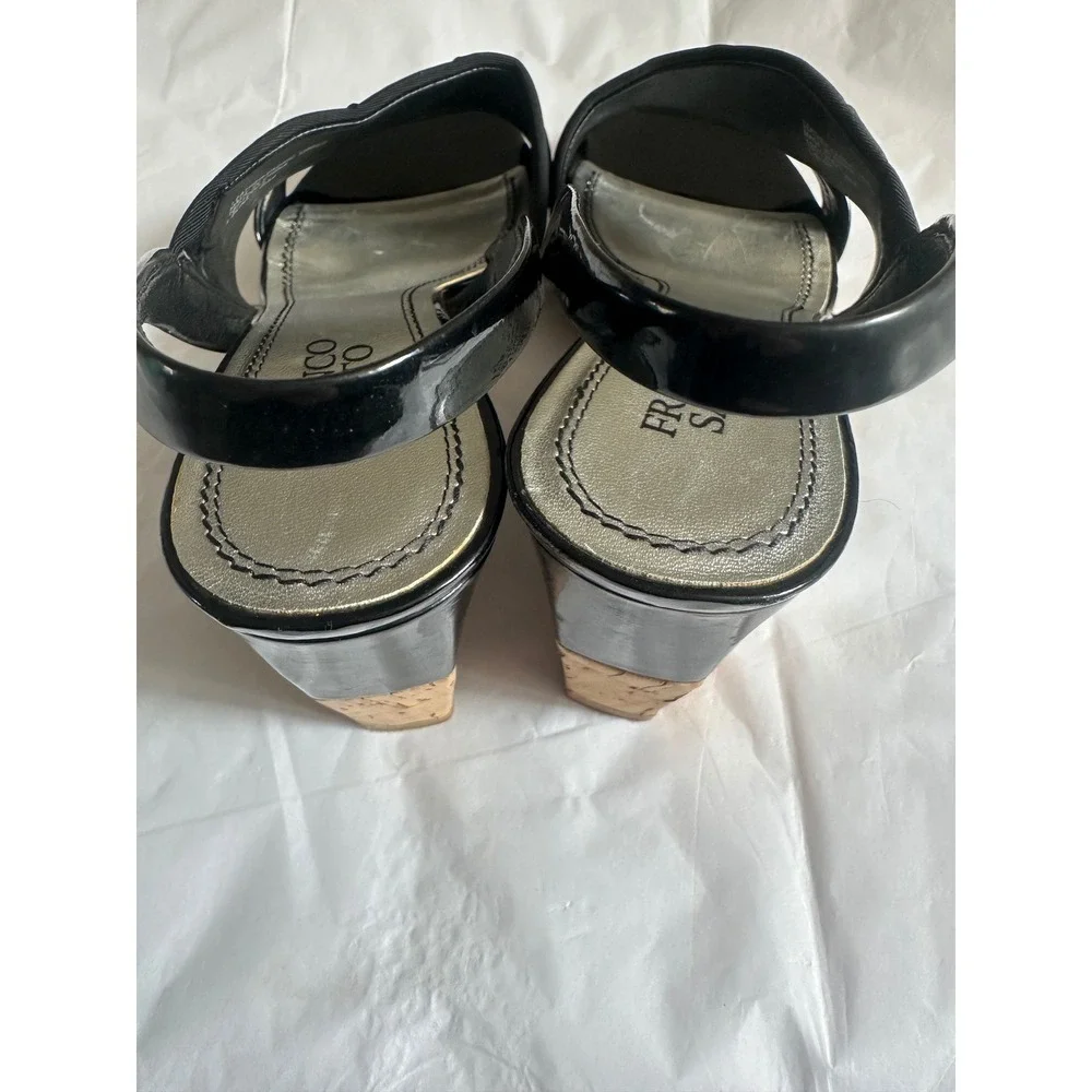 Franco Sarto Blink Black Patent Leather Cork Wedge Slingback Sandals Women 8M
